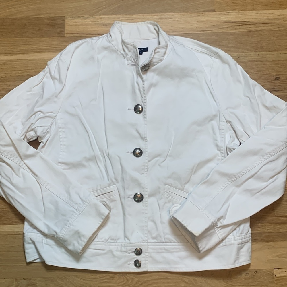 CHAPS Button Down Stand Collar White Jean Jacket Women’s L